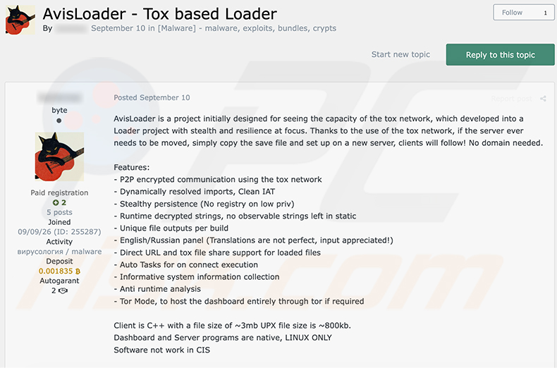 AvisLoader proposé sur un forum de cybercriminalité (source varonis-com)