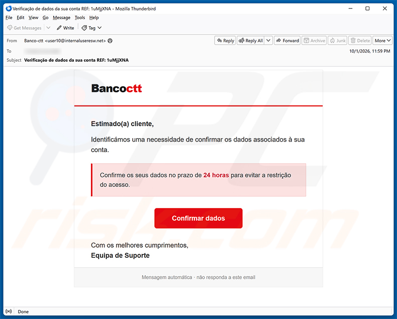 Banco CTT arnaque par e-mail - campagne de spam par e-mail