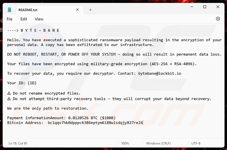 Demande de rançon du ransomware ByteBane (README.txt)