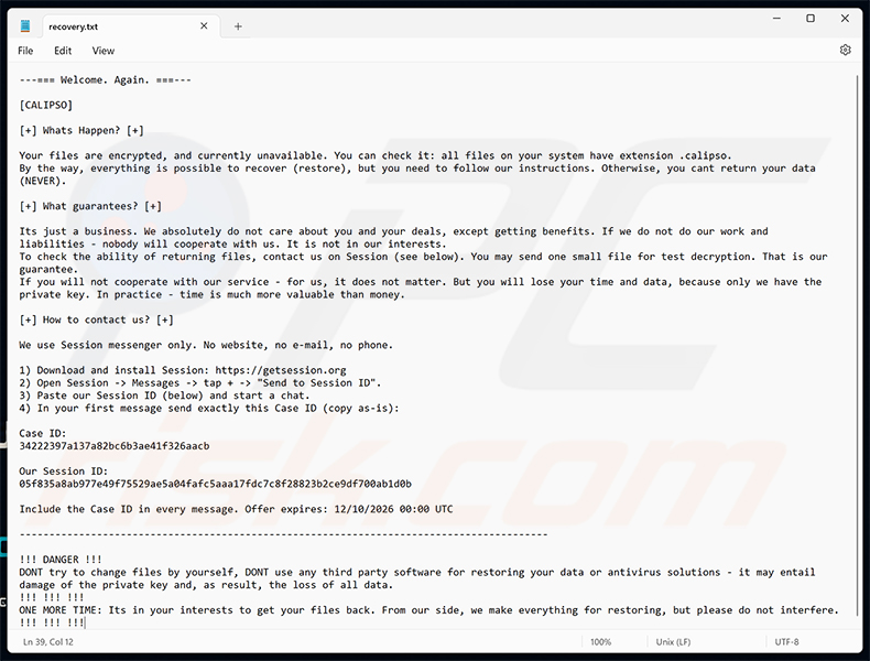 Note de rançon du ransomware Calipso (recovery.txt)