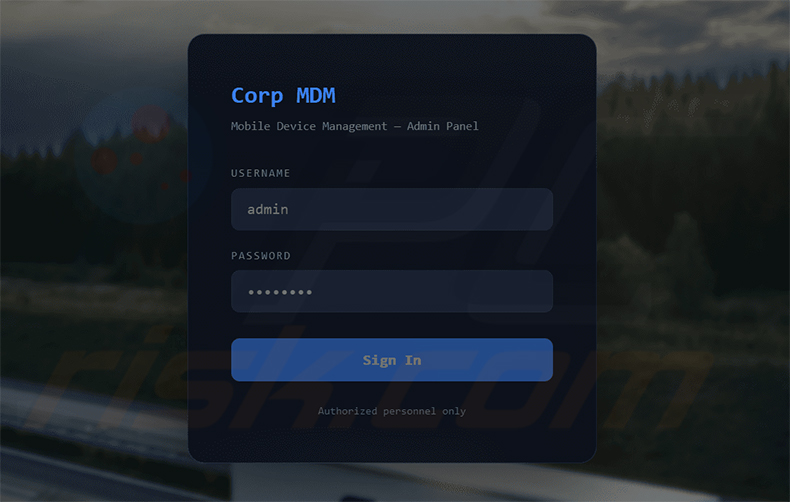Panneau d'administration du spyware Android Corp MDM - source haveibeensquatted.com