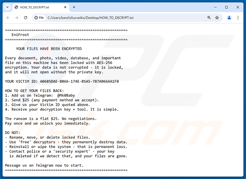 Note de rançon du ransomware EniFrost (HOW_TO_DECRYPT.txt)