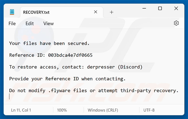 Demande de rançon du ransomware Flyware (RECOVERY.txt)