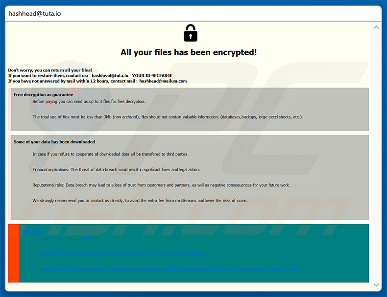 Note de rançon pop-up du ransomware Has