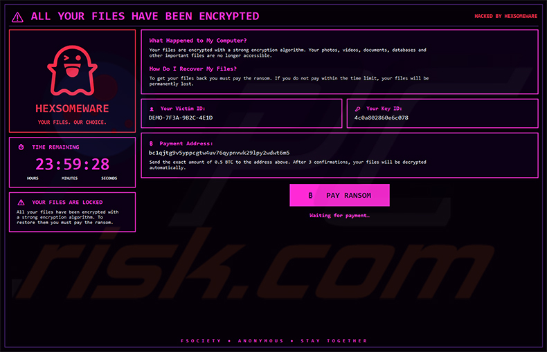 Fenêtre pop-up plein écran du ransomware Hexsomeware
