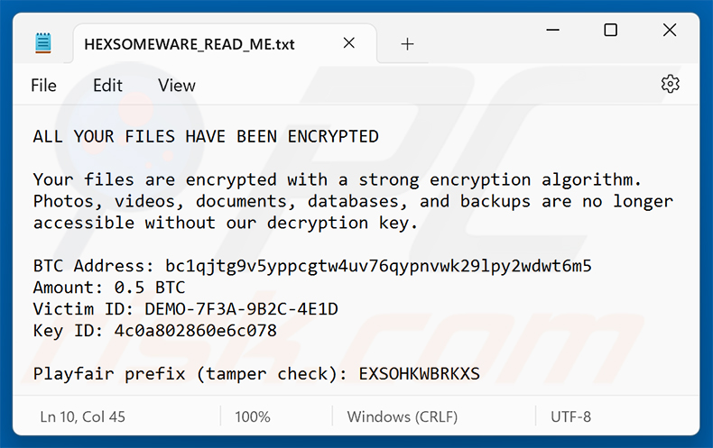 Fichier texte du ransomware Hexsomeware (HEXSOMEWARE_READ_ME.txt)