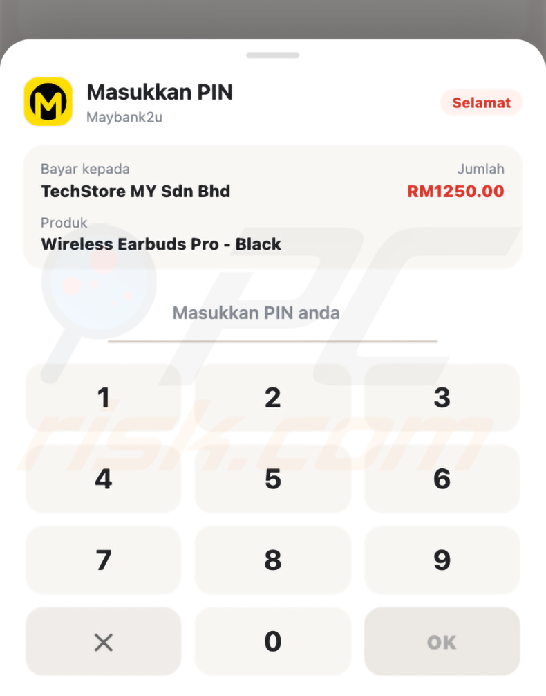 Fausse page de paiement en superposition de Hirudo avec l'image de marque de Maybank