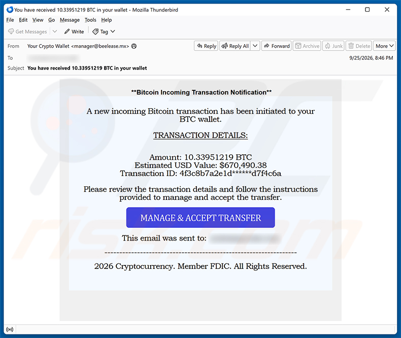 Incoming Bitcoin Transaction arnaque par e-mail campagne de spam par e-mail