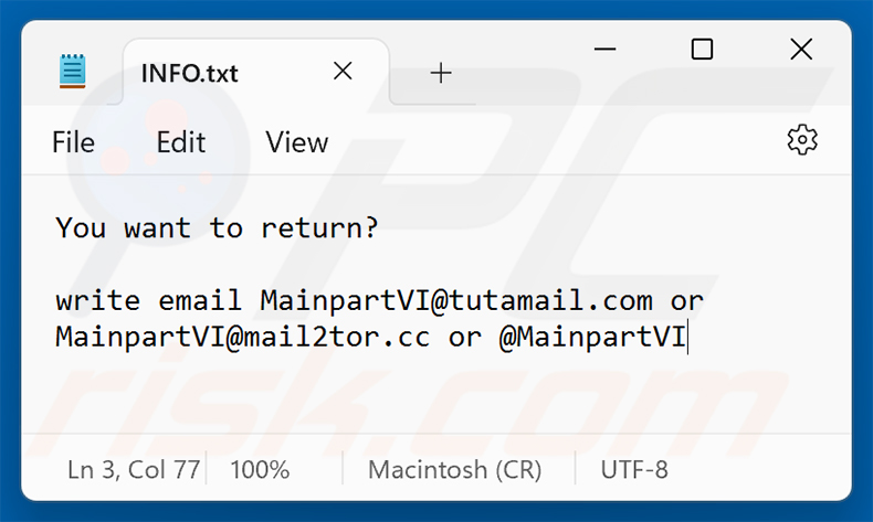 Note de rançon du ransomware MAIN (INFO.txt)
