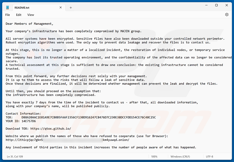 Demande de rançon du ransomware MAJIN (README.txt)