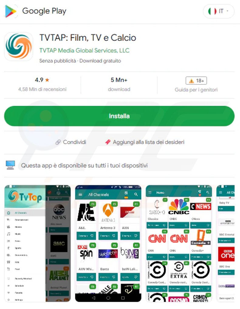 Fausse page du Google Play Store usurpant l'identité de TVTap utilisée pour distribuer le trojan bancaire RemControl