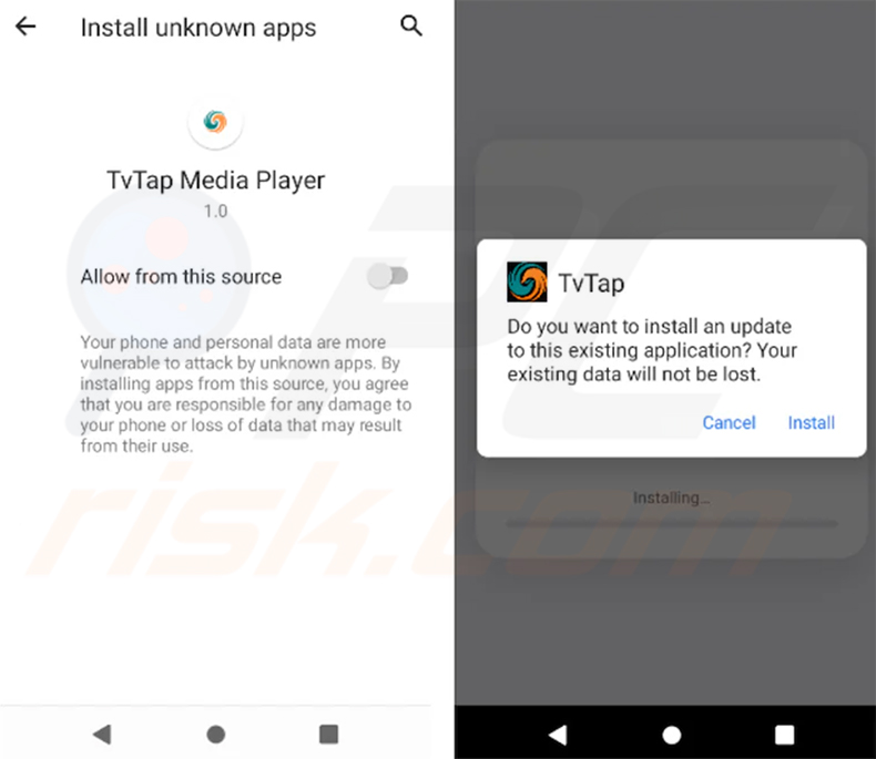 Faux écran de mise à jour de TVTap affiché par le dropper du trojan bancaire RemControl