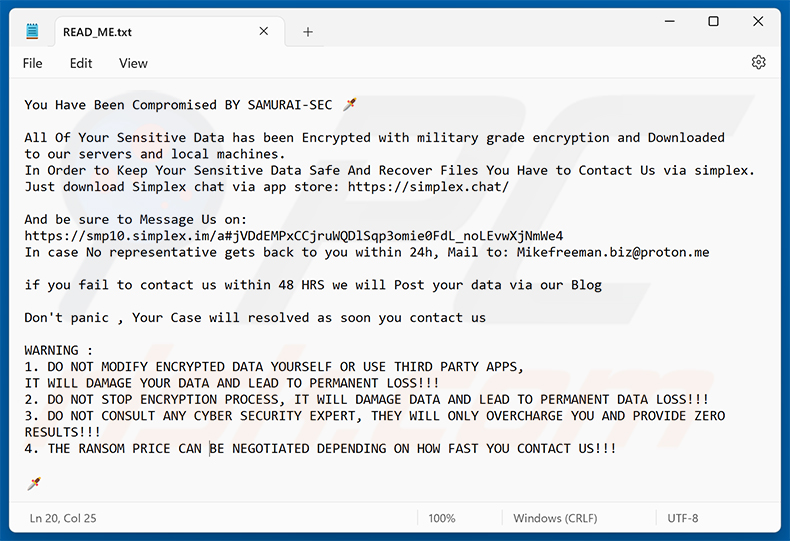 Note de rançon du ransomware SAMURAI-SEC (READ_ME.txt)