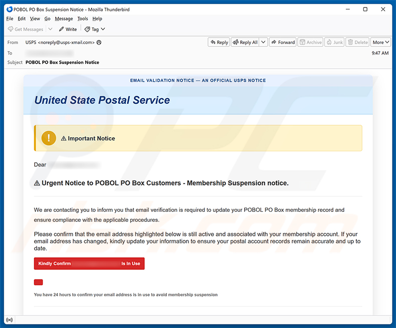 USPS POBOL Membership Suspension Notice arnaque par e-mail - campagne de spam par e-mail