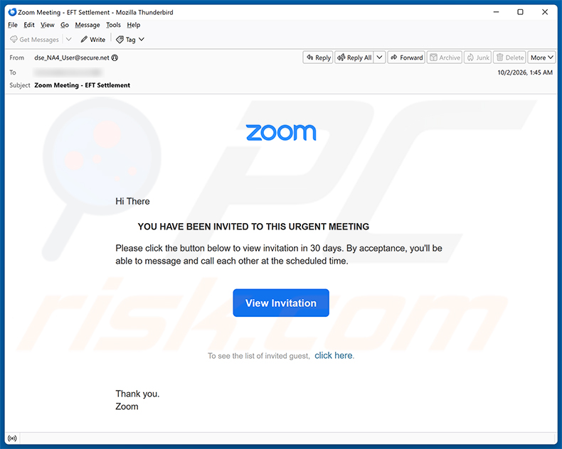 Campagne de spam par e-mail Zoom Meeting Invitation Email Virus
