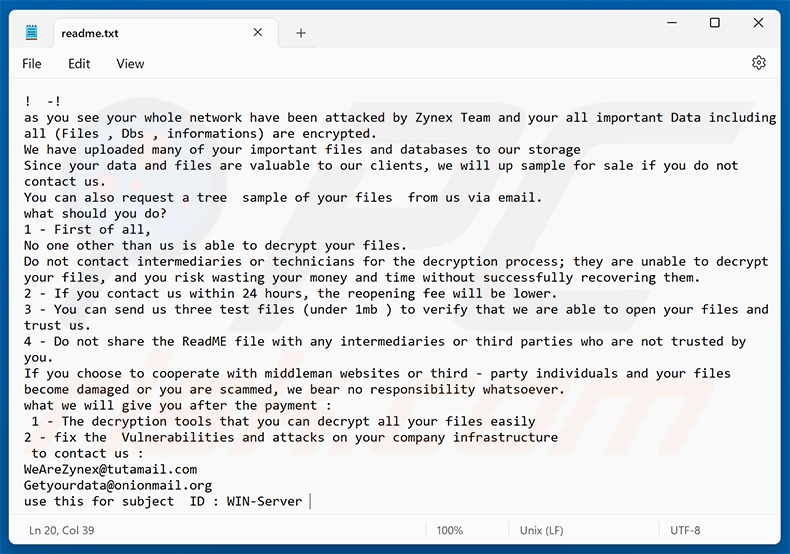 Demande de rançon du ransomware Zynex (readme.txt)