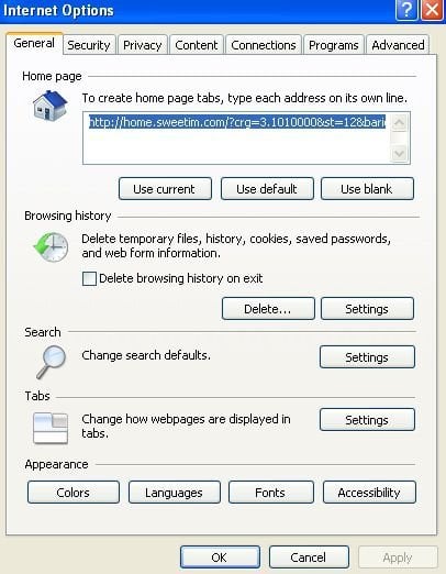barre d'outils sweetim dans Internet Explorer