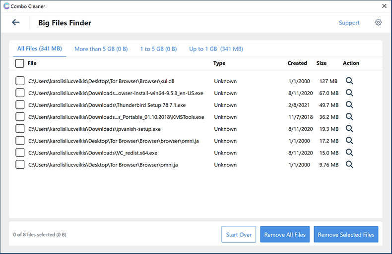 Combo Cleaner pour Windows - Big Files Finder