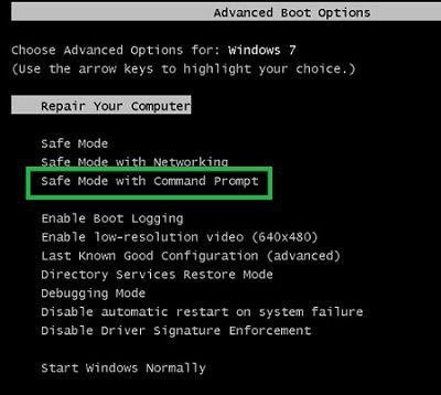 mode sans échech de win 7 safe mode avec la  commande invite