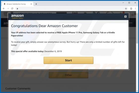 POP-UP Arnaque Congratulations Dear Amazon Customer