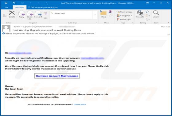 Arnaque par courriel Last Warning: Upgrade Your Email To Avoid Shutting Down