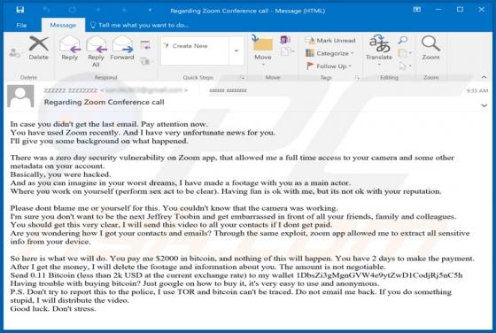 Courriel Arnaque You Have Used Zoom Recently - I Have Very Unfortunate News