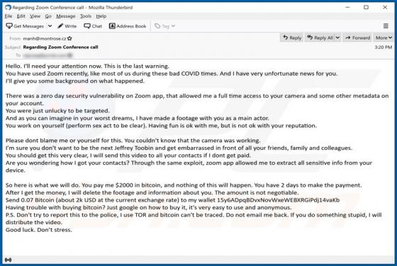 Arnaque Courriel Zero Day Security Vulnerability On Zoom App