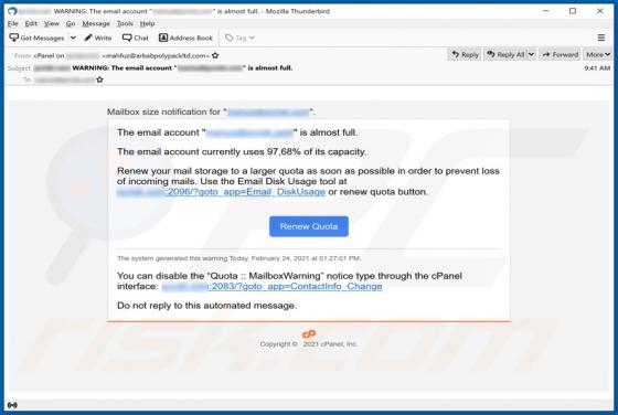 Arnaque Email Account Is Almost Full