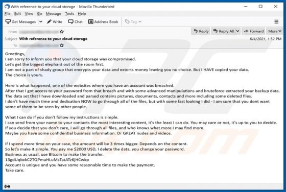 Courriel Arnaque Your Cloud Storage Was Compromised