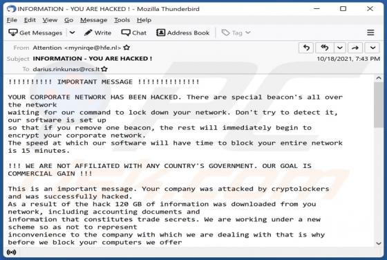 Courriel Arnaque YOUR CORPORATE NETWORK HAS BEEN HACKED