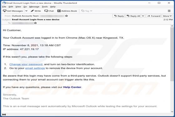 Courriel d'Arnaque Your Outlook Account Was Logged In