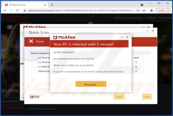 POP-UP Arnaque McAfee - Your PC is infected with 5 viruses!