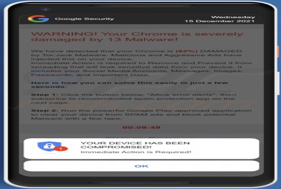 POP-UP Arnaque Your Device Has Been Compromised (Android)