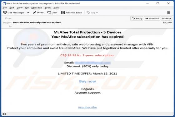 Courriel Arnaque McAfee Subscription Has Expired