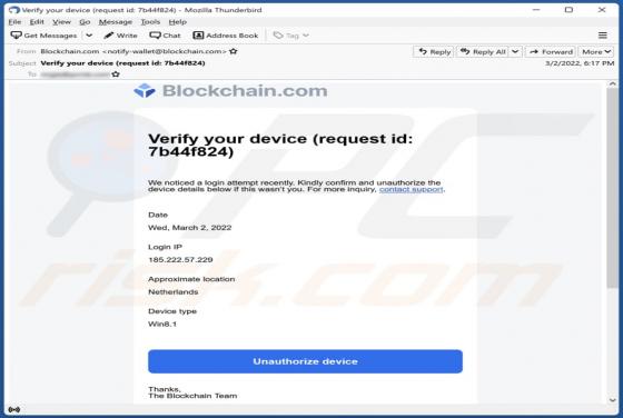 Courriel Arnaque Blockchain.com