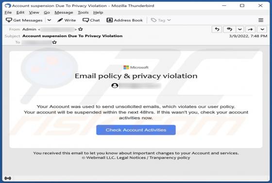 Courriel Arnaque Email policy & privacy violation