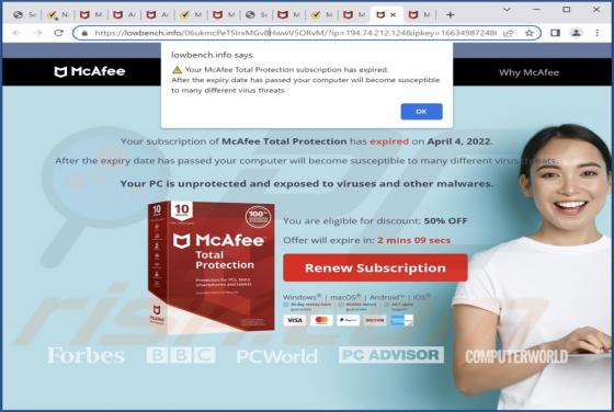 POP-UP Arnaque McAfee Total Protection Has Expired