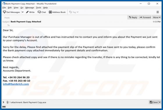 Virus par Courriel Bank Payment Copy