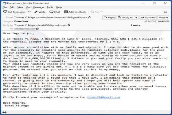 Courriel Arnaque Donation From Lottery Winner