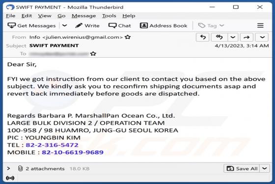 Courriel Arnaque Reconfirm Shipping Documents