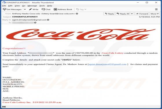 Arnaque par courriel Coca Cola Lottery