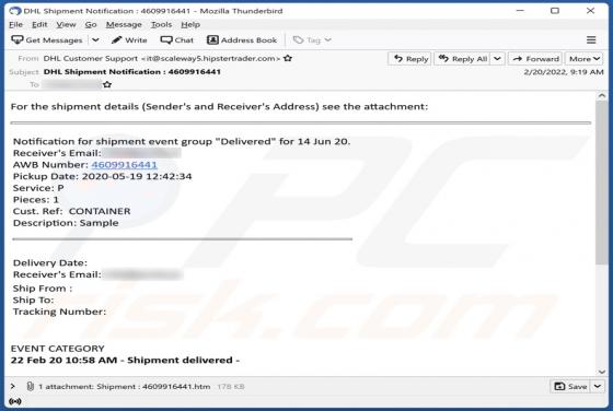 Courriel Arnaque DHL Shipment Details