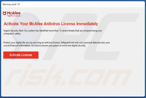 POP-UP Arnaque Activate Your McAfee Antivirus License