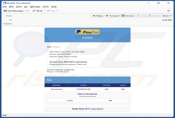 Courriel Arnaque PayPal Crypto Purchase Invoice