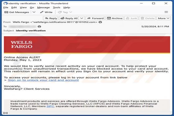 Courriel Arnaque Wells Fargo - Card Activity Verification