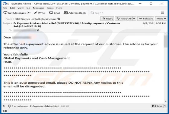 Courriel Arnaque HSBC E-Payment Advice