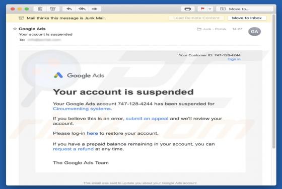 Courriel Arnaque Google Ads - Your Account Is Suspended