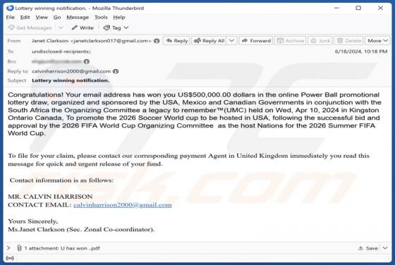 Courriel Arnaque 2026 FIFA World Cup Lottery