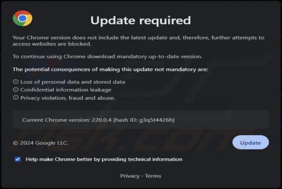 Your Chrome Version Does Not Include The Latest Update POP-UP Arnaque
