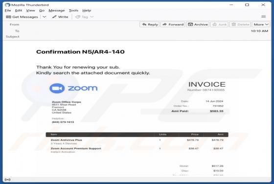 Courriel Arnaque Zoom Antivirus Plus Subscription